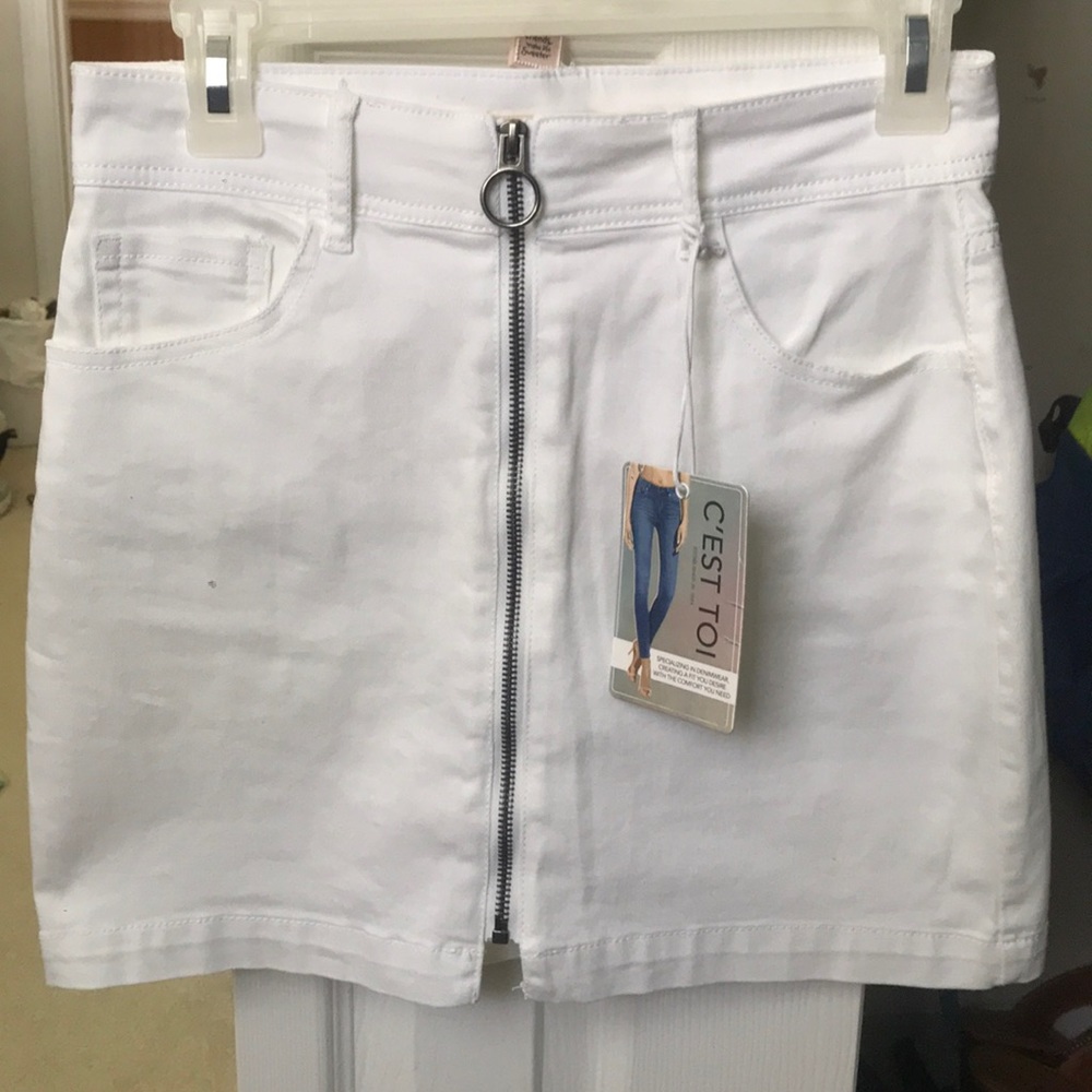 C’est Toi White O-Ring Zip Mini Skirt Denim